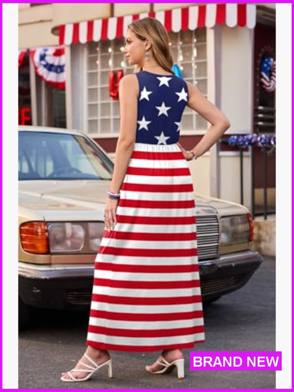 Maxi Dress Sleeveless Patriotic Print Sundress with Pockets - Picture 6 of 7